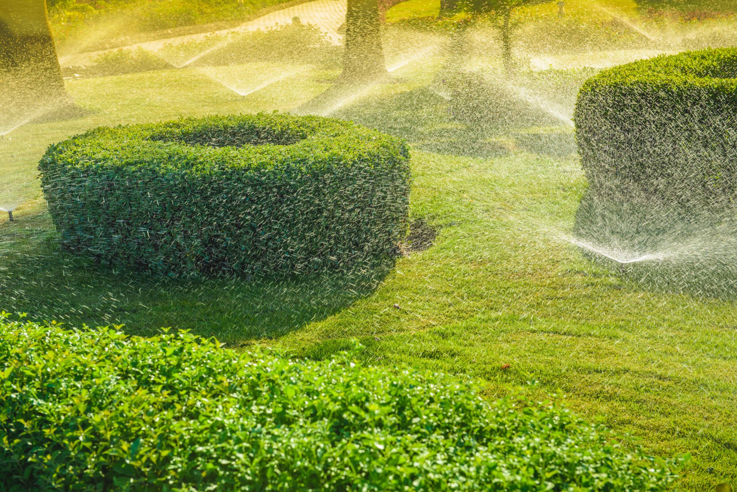 Automatic garden irrigation system watering green garden.